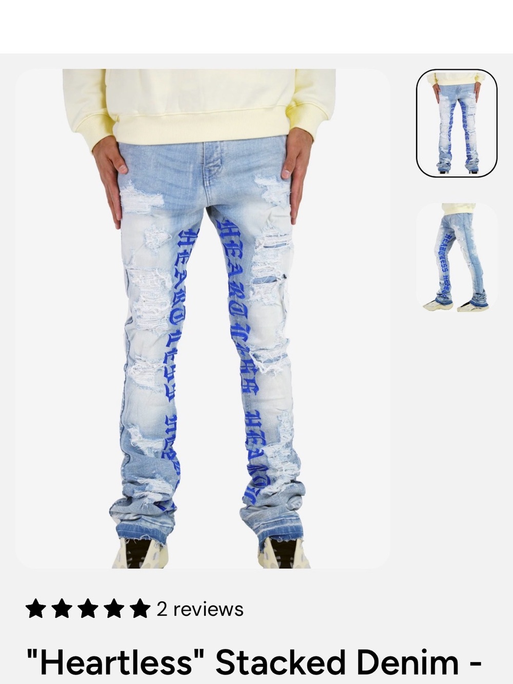 Stacked Distressed Skinny Jeans with Blue Script Detail